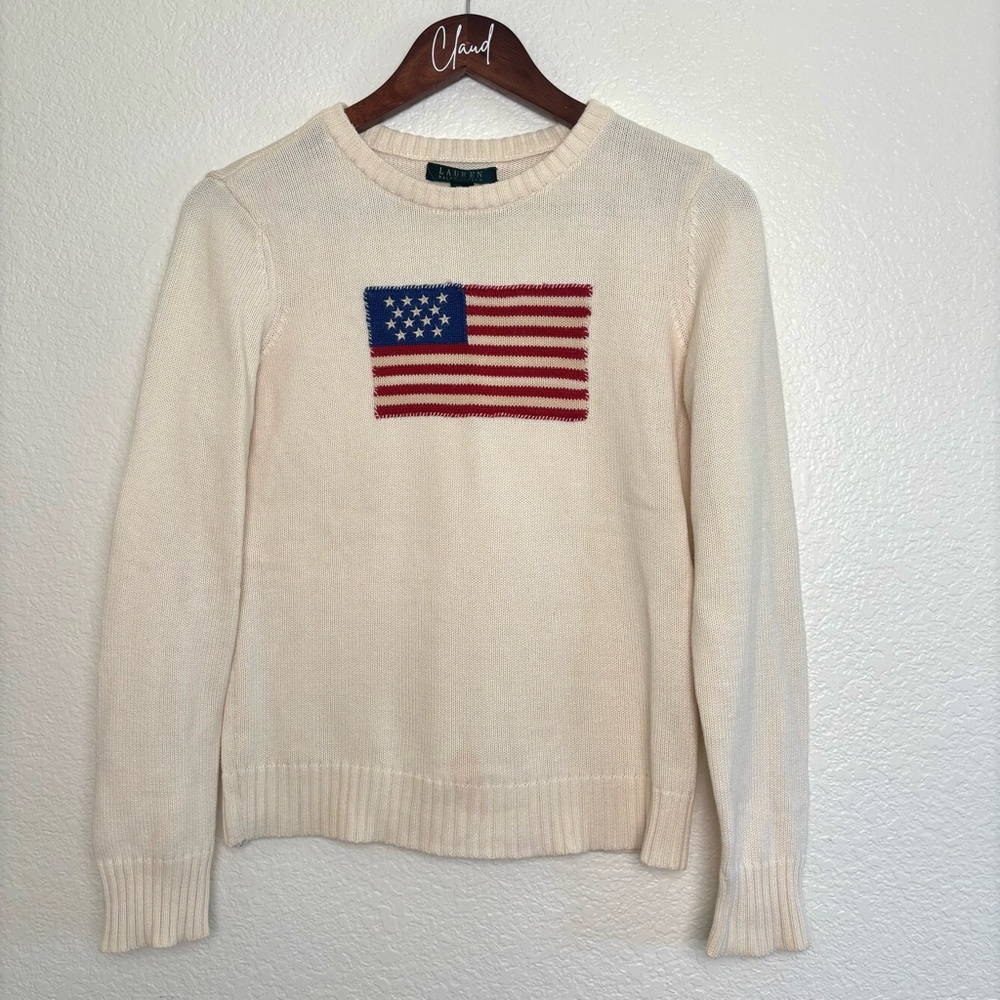 Ralph Lauren American Flag Sweater Knit USA Size Medium Cream White - Picture 5 of 15